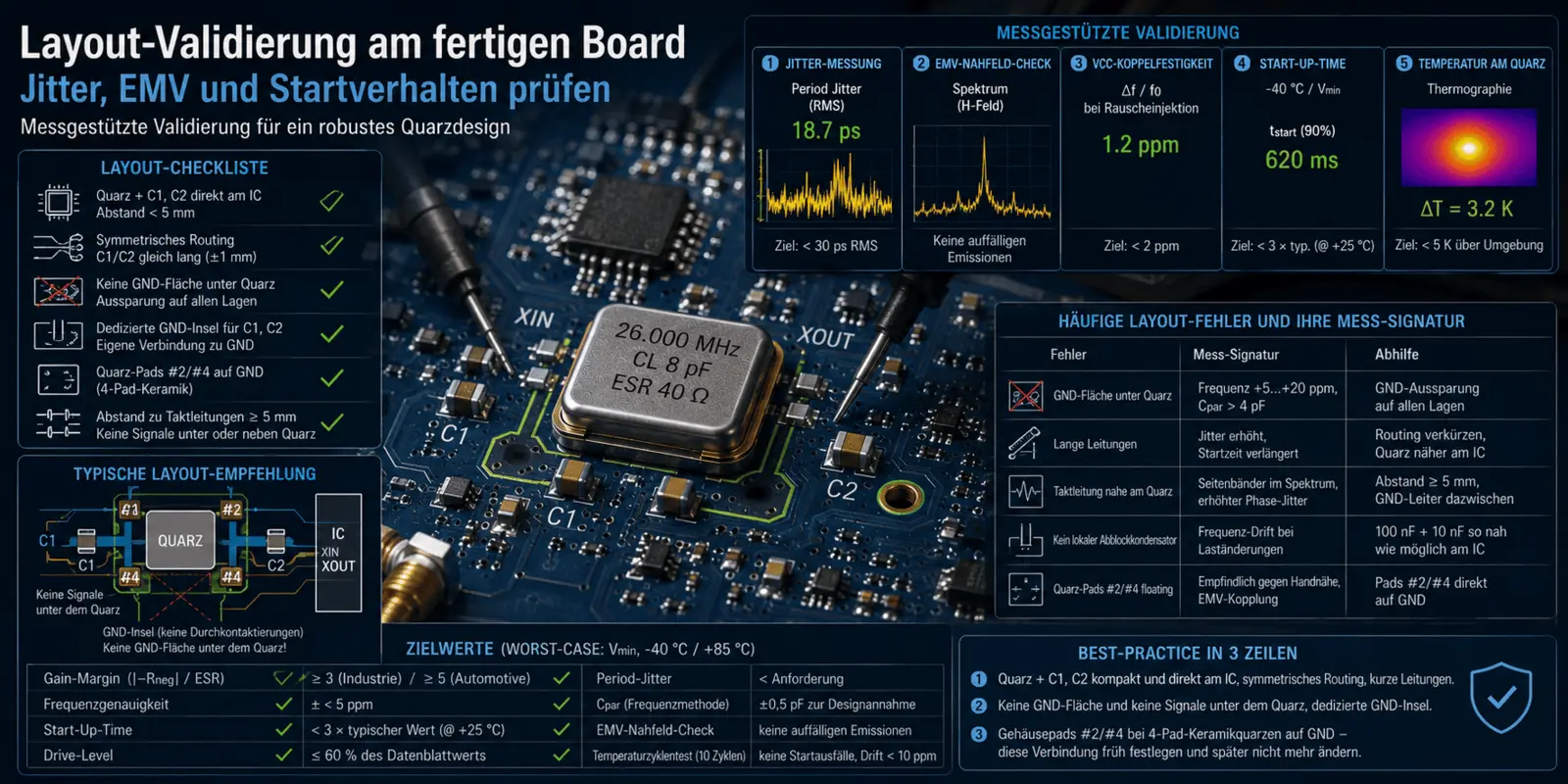 Layout validation on the finished board - check jitter, EMC and start-up behaviour
